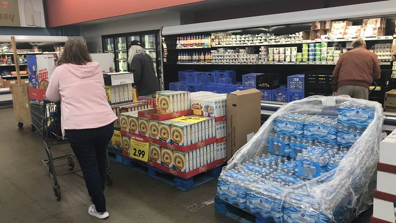The first riders on Evansville's TED Trolley grocery service shop at Ruler Foods.