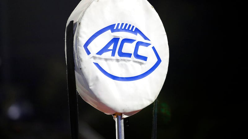 FILE - This Sept. 7, 2019, file photo shows the ACC logo atop the chain marker during the...