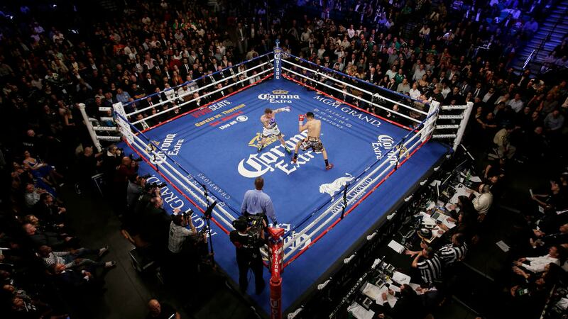 Carl Frampton, left, of Northern Ireland, fights Leo Santa Cruz of Mexico during their WBA...
