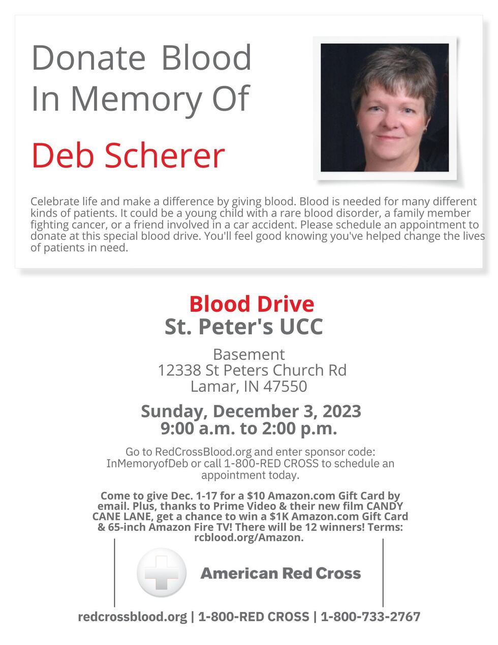 Blood drive flyer, in memory of Debra Scherer.